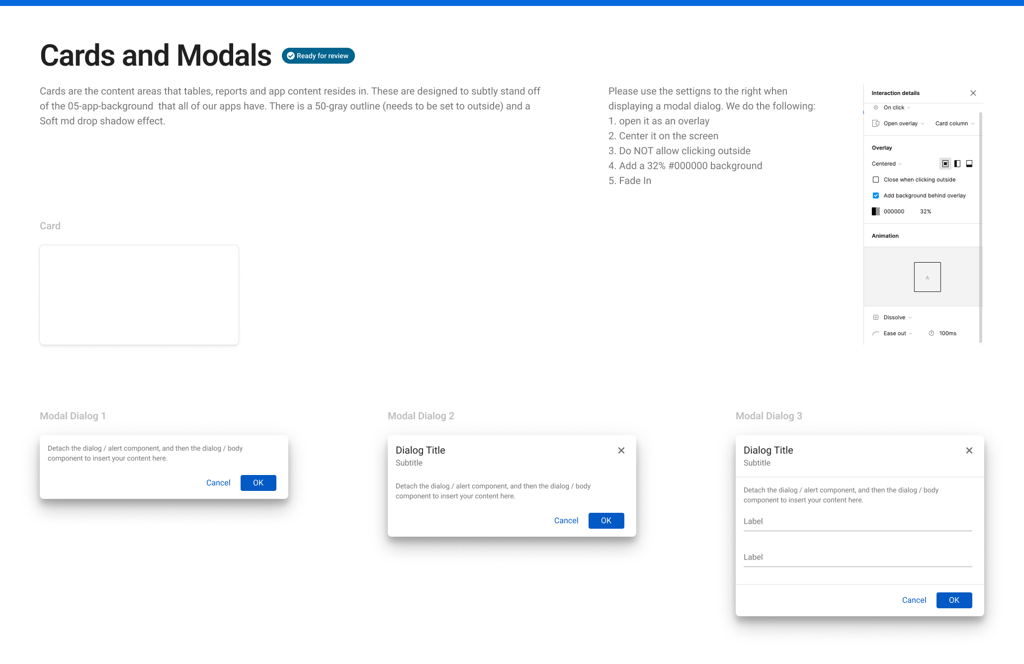 Sample of modals and content cards